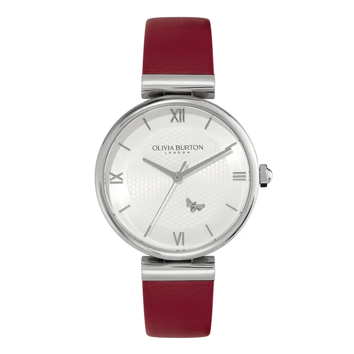 36mm Minima Bee TBar Silver and Cranberry Leather Strap Watch Women Bee Watches Olivia Burton 36mm Minima Bee TBar Silver and Cranberry Leather Strap Watch Women Bee Watches Olivia Burton