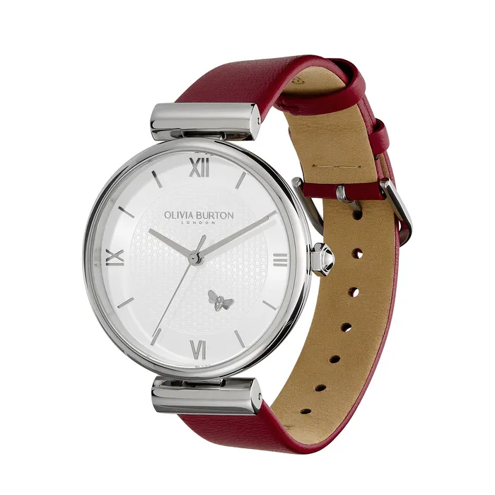 36mm Minima Bee TBar Silver and Cranberry Leather Strap Watch Women Bee Watches Olivia Burton