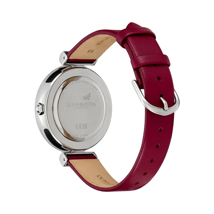 36mm Minima Bee TBar Silver and Cranberry Leather Strap Watch Women Bee Watches Olivia Burton
