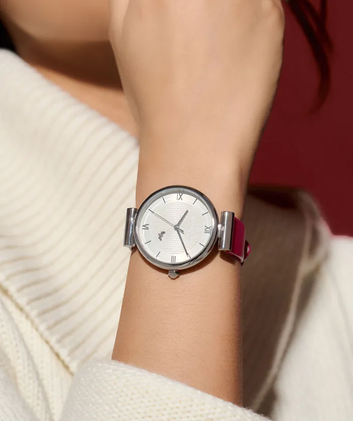 36mm Minima Bee TBar Silver and Cranberry Leather Strap Watch Women Bee Watches Olivia Burton