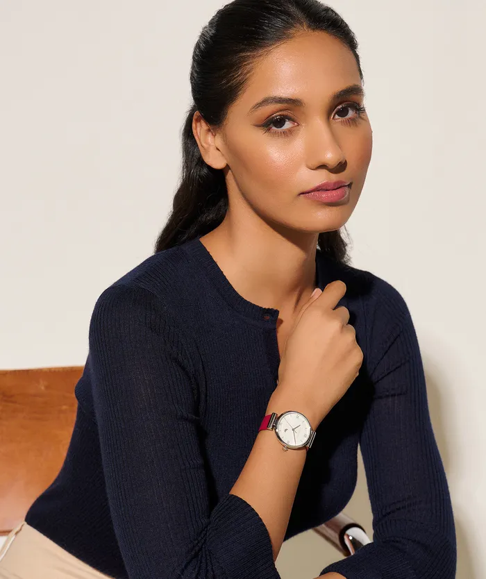 36mm Minima Bee TBar Silver and Cranberry Leather Strap Watch Women Bee Watches Olivia Burton