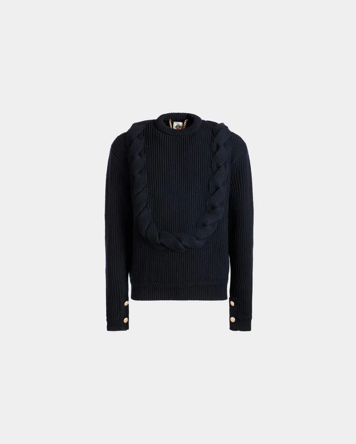 Adrien Brody Travel Collection Crewneck Sweater In Navy Blue Wool Men Bally Knitwear