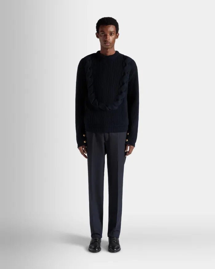 Adrien Brody Travel Collection Crewneck Sweater In Navy Blue Wool Men Bally Knitwear