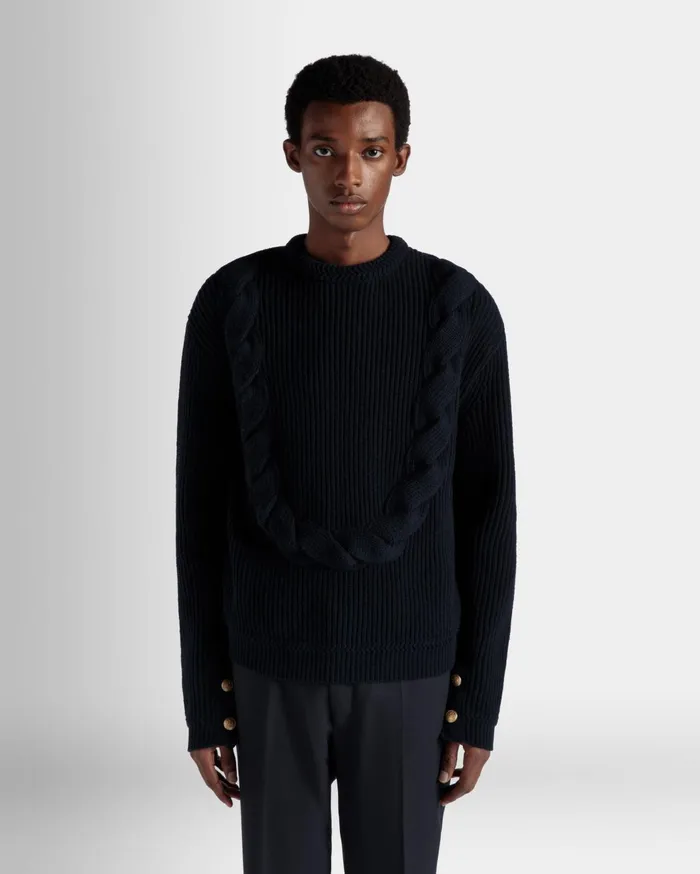 Adrien Brody Travel Collection Crewneck Sweater In Navy Blue Wool Men Bally Knitwear
