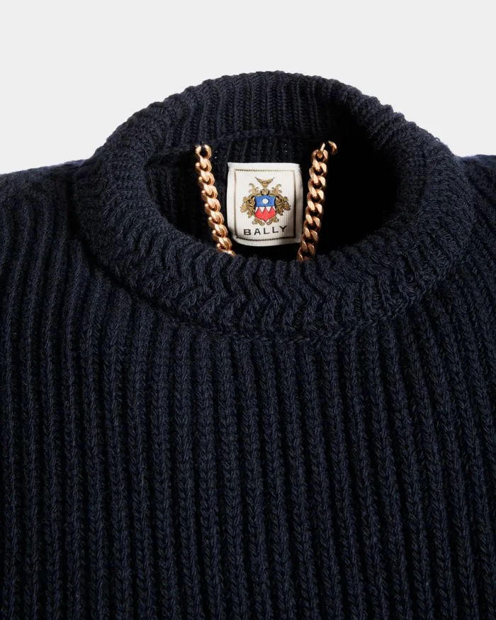 Adrien Brody Travel Collection Crewneck Sweater In Navy Blue Wool Men Bally Knitwear
