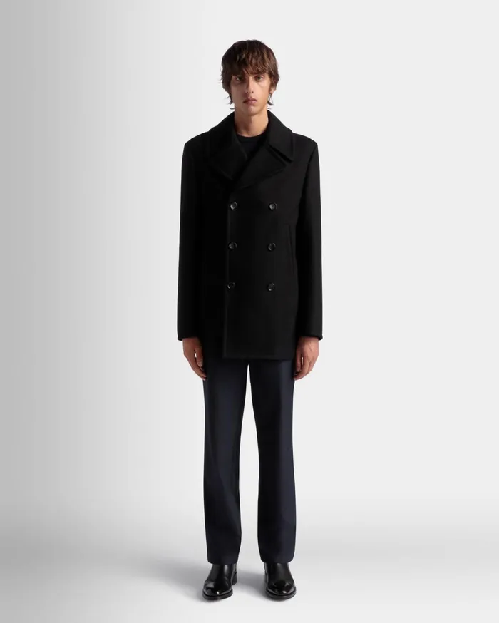 Adrien Brody Travel Collection Peacot In Black Wool Blend Men Bally Coats and Jackets