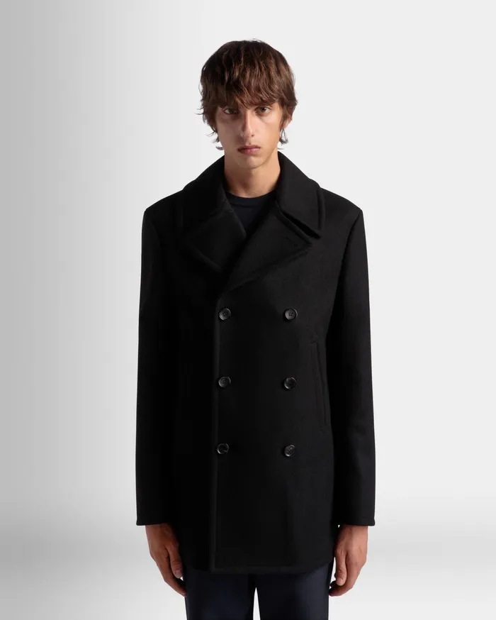 Adrien Brody Travel Collection Peacot In Black Wool Blend Men Bally Coats and Jackets