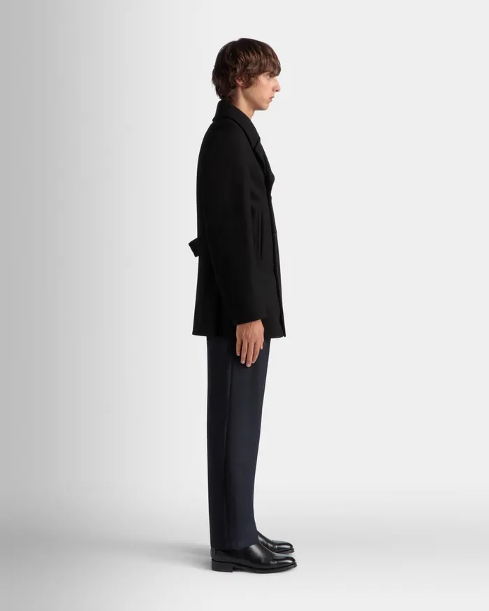 Adrien Brody Travel Collection Peacot In Black Wool Blend Men Bally Coats and Jackets