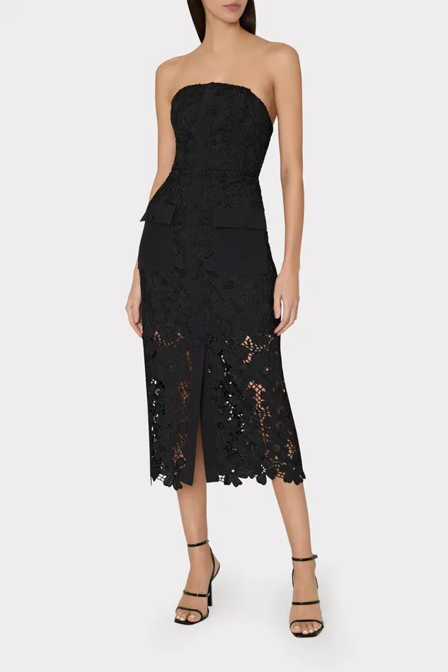 Adrienne Roja Lace Midi Dress Black Women Milly Dresses