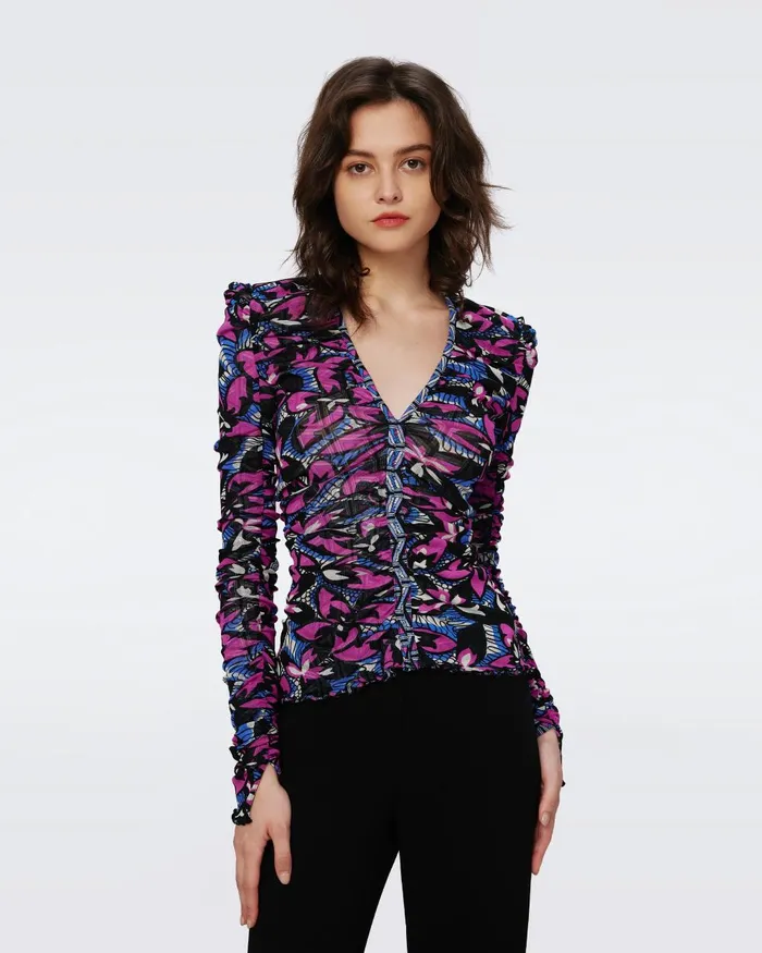 Amal Reversible Mesh Top Fishnet Floral And Stadium Geo Purple Women DVF Tops