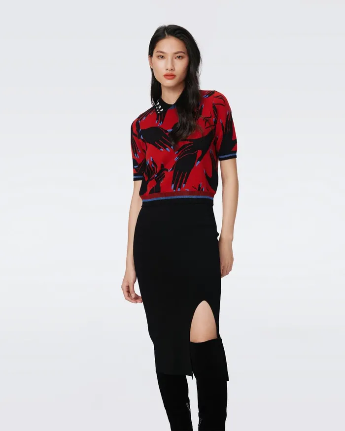 Antonella Knit Jacquard Top Huge Stage Hands Red Women DVF Tops