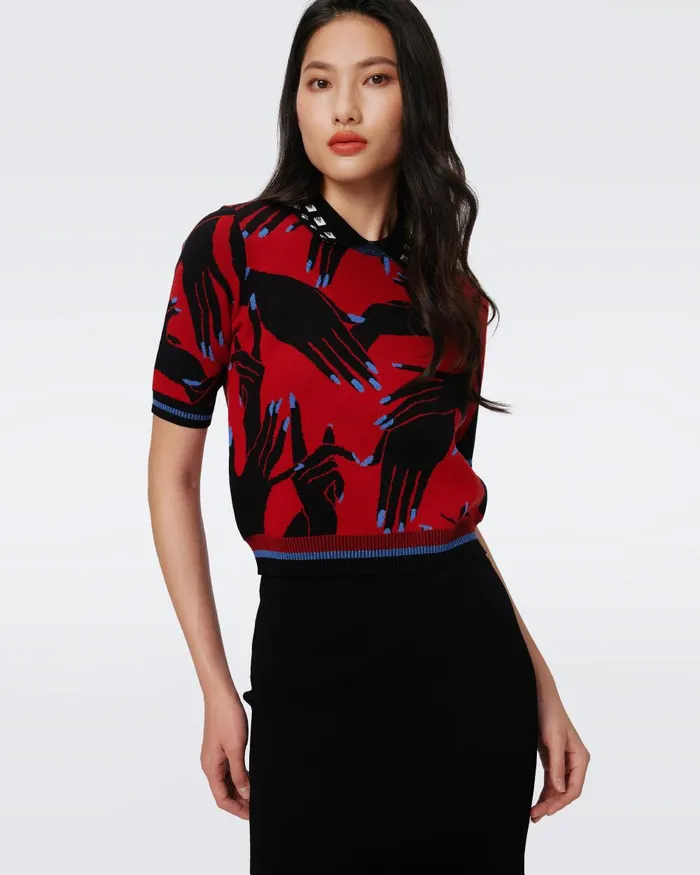 Antonella Knit Jacquard Top Huge Stage Hands Red Women DVF Tops