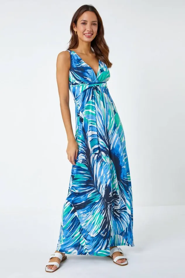 Aqua Abstract Print Maxi Stretch Dress Women Roman Dresses