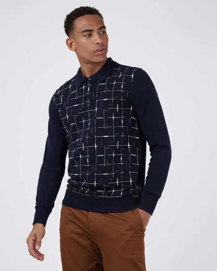 Ben Sherman Knitwear LongSleeve Patterned Knit Polo 8211 Dark Navy 8211 Men