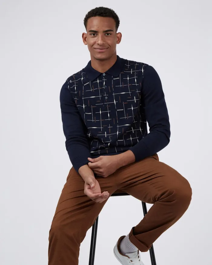 Ben Sherman Knitwear LongSleeve Patterned Knit Polo 8211 Dark Navy 8211 Men