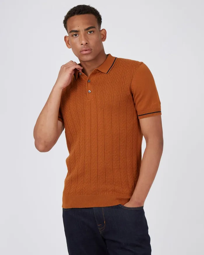 Ben Sherman Polos ShortSleeve TexturedFront Knit Polo 8211 Caramel 8211 Men
