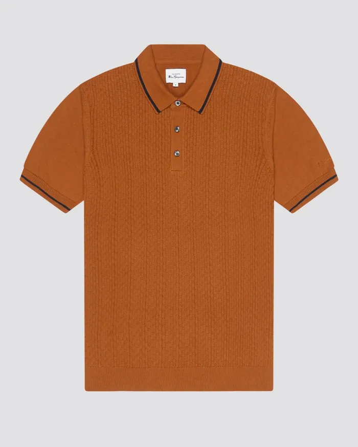 Ben Sherman Polos ShortSleeve TexturedFront Knit Polo 8211 Caramel 8211 Men