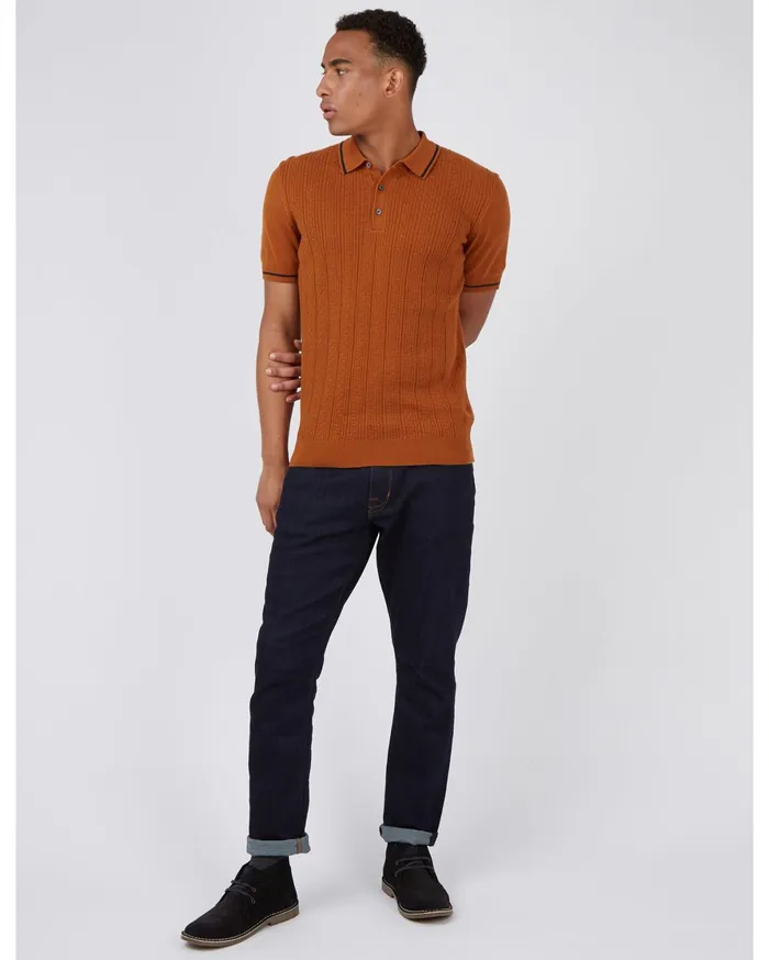 Ben Sherman Polos ShortSleeve TexturedFront Knit Polo 8211 Caramel 8211 Men