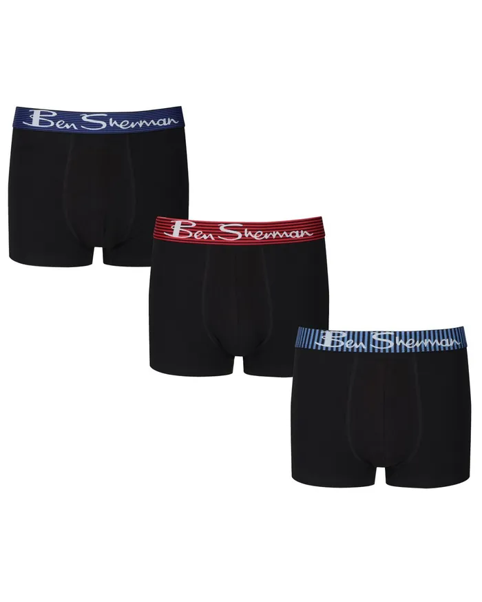 Ben Sherman Underwear Clark Men039s 3Pack Fitted NoFly BoxerBriefs 8211 Black With Blue Delft Red Stripe 8211 Men