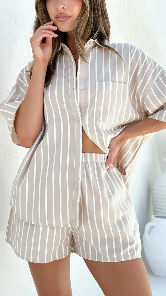 Billy J Bottoms Women Harper Shirt And Shorts Set BeigeWhite Stripe