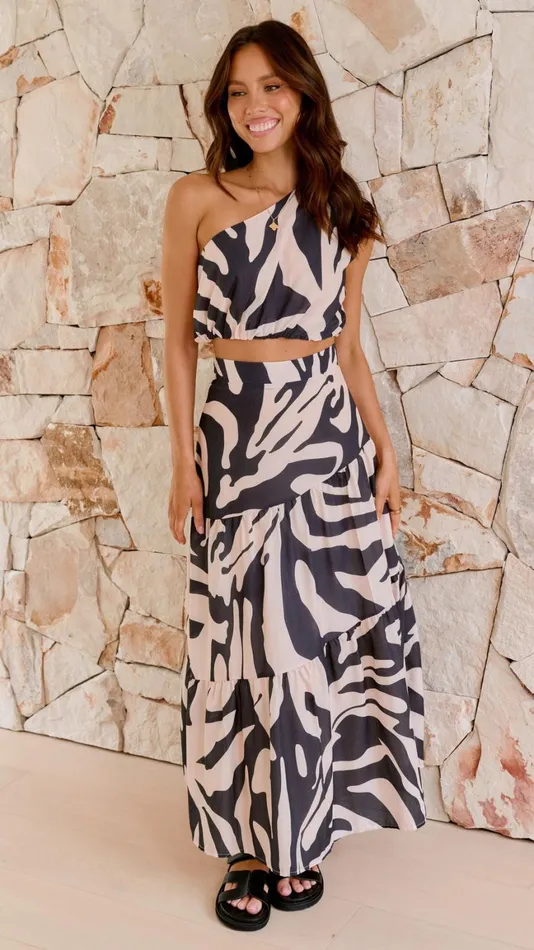 Billy J Bottoms Women Lahoma Crop And Maxi Skirt Set 8211 Black Beige Zebra