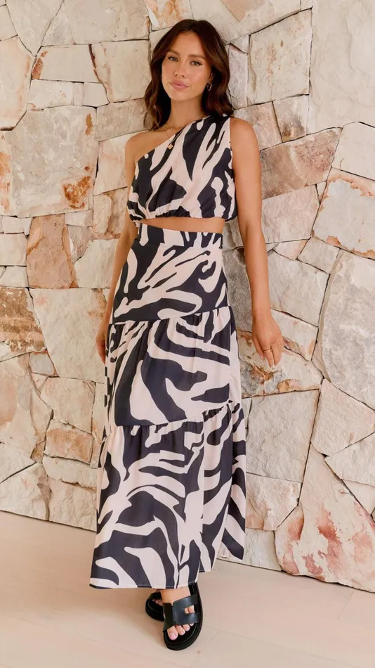 Billy J Bottoms Women Lahoma Crop And Maxi Skirt Set 8211 Black Beige Zebra