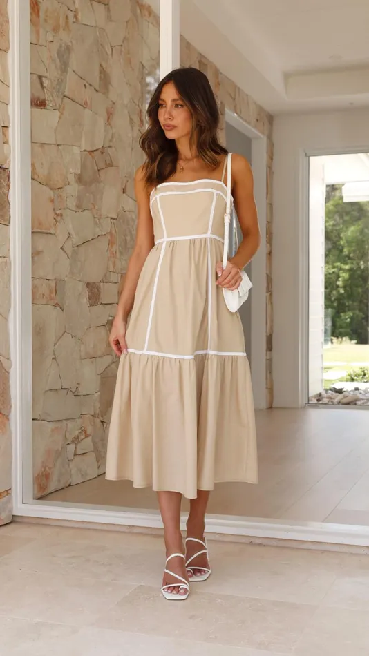 Billy J Dresses Women Baina Midi Dress 8211 Beige White