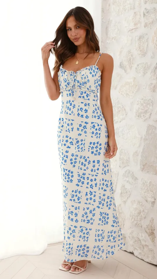 Billy J Dresses Women Farna Midi Dress 8211 CreamBlue Floral