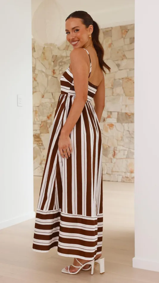 Billy J Dresses Women Nadie Maxi Dress 8211 Chocolate White Stripe