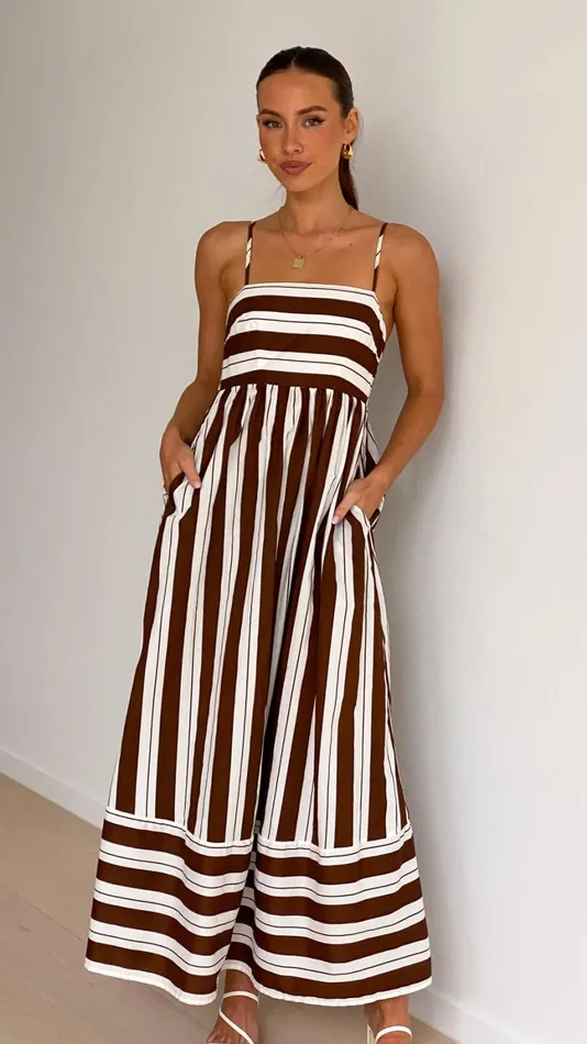 Billy J Dresses Women Nadie Maxi Dress 8211 Chocolate White Stripe