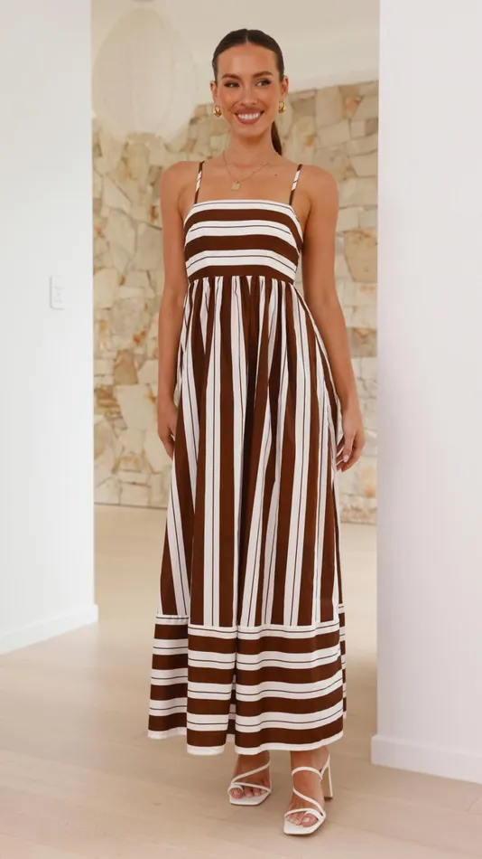 Billy J Dresses Women Nadie Maxi Dress 8211 Chocolate White Stripe