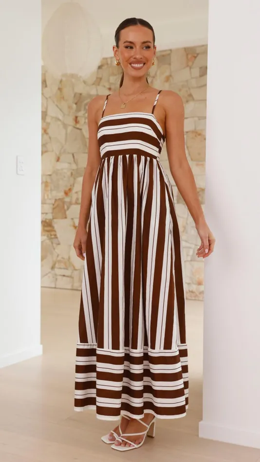 Billy J Dresses Women Nadie Maxi Dress 8211 Chocolate White Stripe