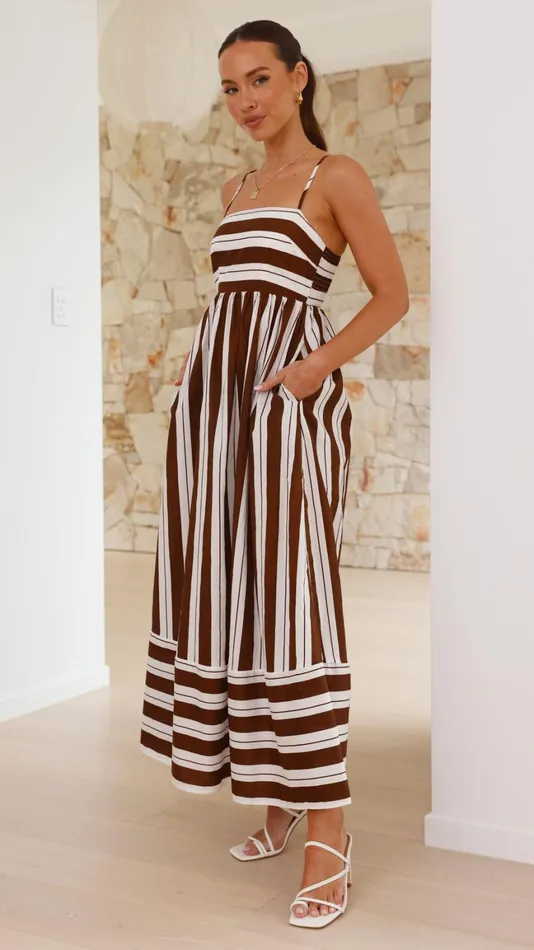 Billy J Dresses Women Nadie Maxi Dress 8211 Chocolate White Stripe