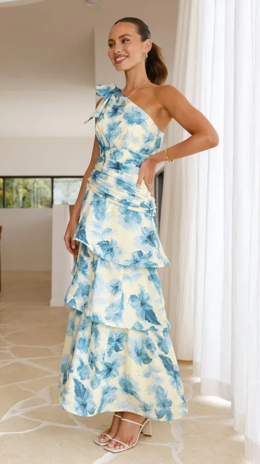 Billy J Dresses Women Odilie One Shoulder Maxi Dress 8211 YellowBlue Floral