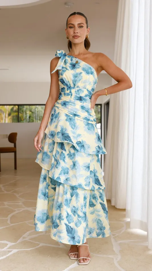 Billy J Dresses Women Odilie One Shoulder Maxi Dress 8211 YellowBlue Floral
