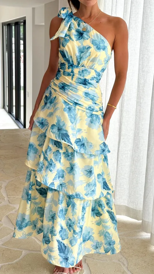 Billy J Dresses Women Odilie One Shoulder Maxi Dress 8211 YellowBlue Floral