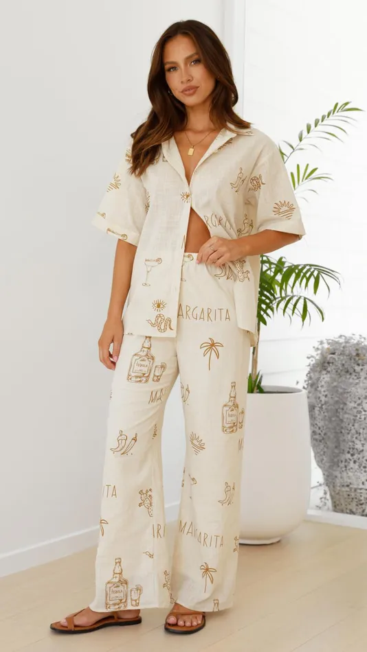 Billy J Sets Women Bailie Shirt And Pants Set 8211 Beige Tan Margarita