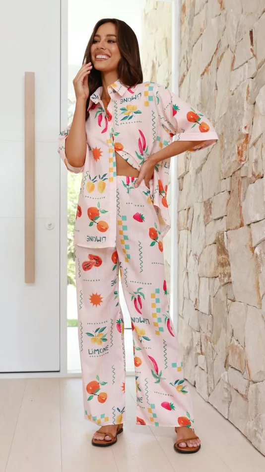 Billy J Sets Women Kourt Button Up Shirt And Pants Set 8211 Peach Limone