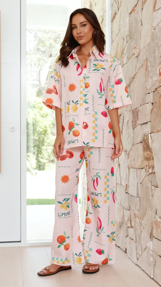 Billy J Sets Women Kourt Button Up Shirt And Pants Set 8211 Peach Limone