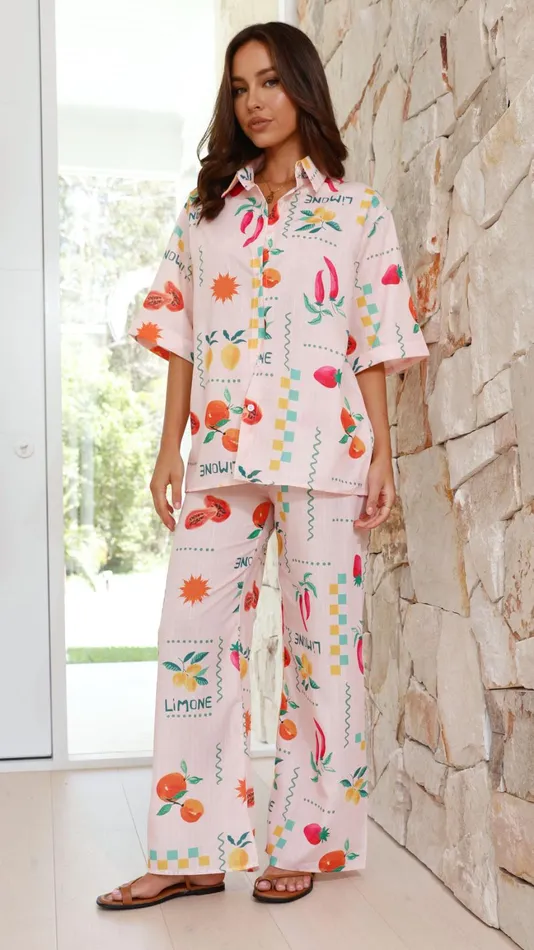 Billy J Sets Women Kourt Button Up Shirt And Pants Set 8211 Peach Limone