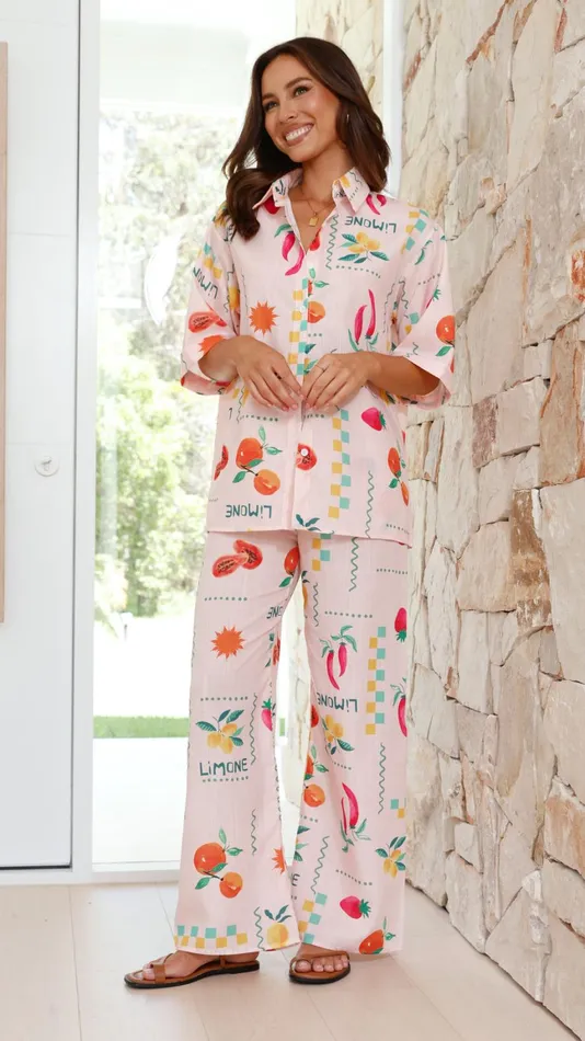 Billy J Sets Women Kourt Button Up Shirt And Pants Set 8211 Peach Limone
