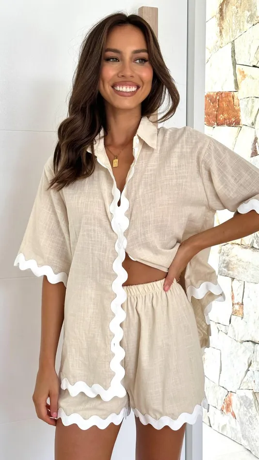 Billy J Tops Women Carly Button Up Shirt And Shorts 8211 BeigeWhite