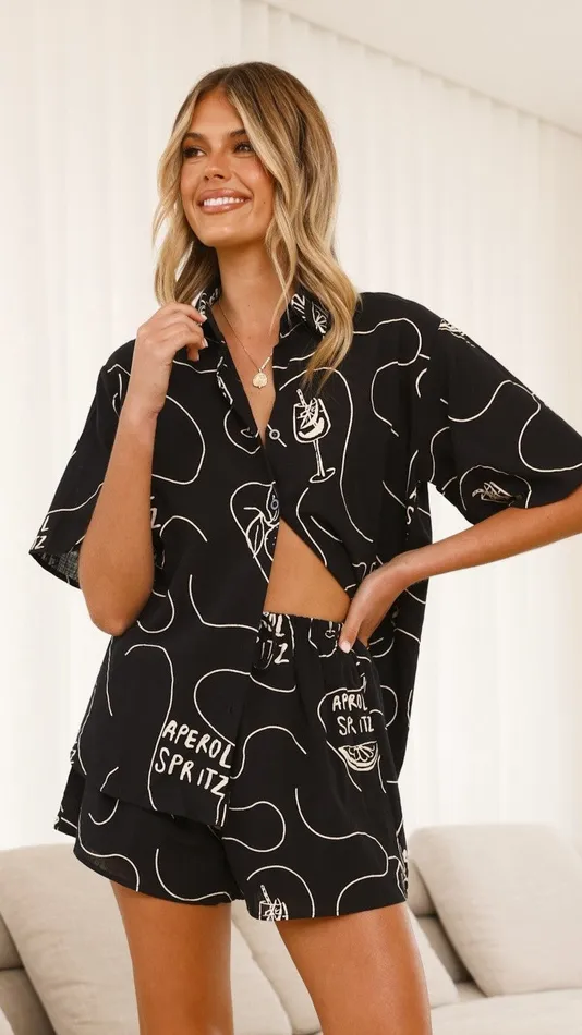 Billy J Tops Women Charli Button Up Shirt And Shorts Set 8211 Black Beige Aperol