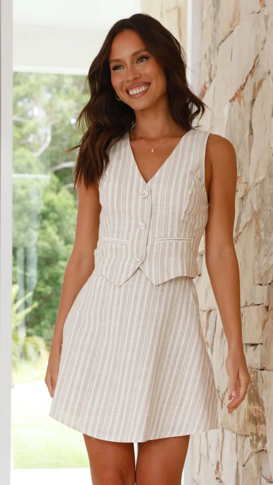 Billy J Tops Women Evangeline Vest 8211 Beige Stripe