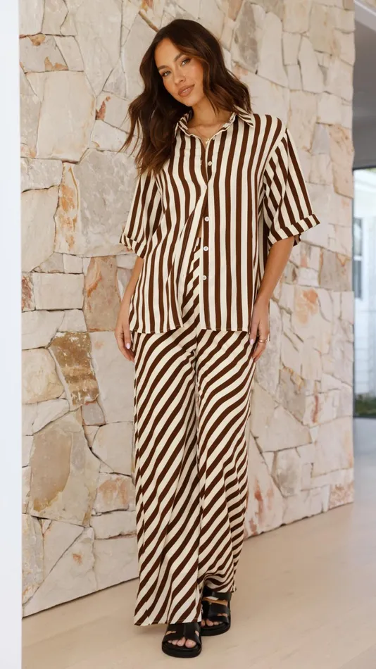 Billy J Tops Women Mabyn Button Up Shirt And Pants Set 8211 Beige Brown Stripe