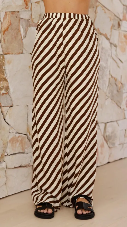 Billy J Tops Women Mabyn Button Up Shirt And Pants Set 8211 Beige Brown Stripe