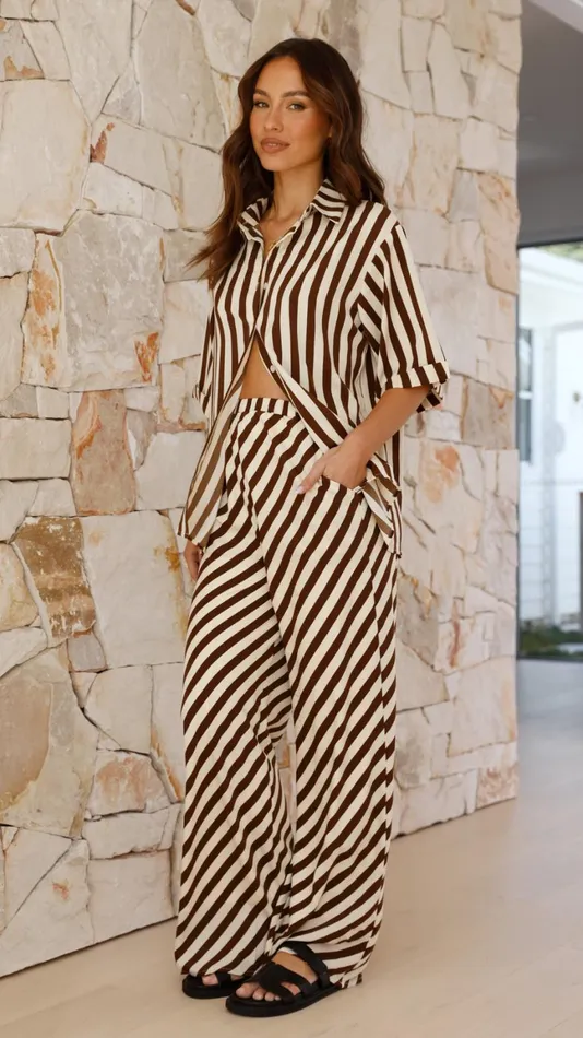 Billy J Tops Women Mabyn Button Up Shirt And Pants Set 8211 Beige Brown Stripe