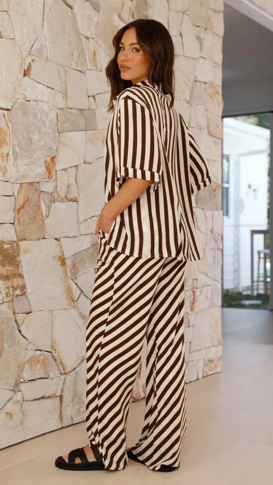 Billy J Tops Women Mabyn Button Up Shirt And Pants Set 8211 Beige Brown Stripe