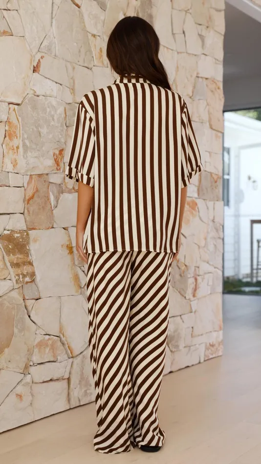 Billy J Tops Women Mabyn Button Up Shirt And Pants Set 8211 Beige Brown Stripe