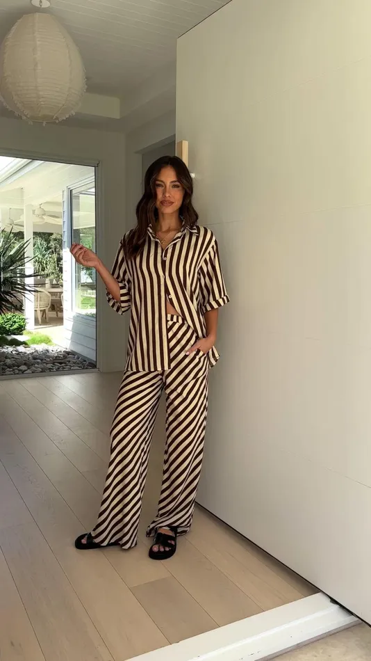 Billy J Tops Women Mabyn Button Up Shirt And Pants Set 8211 Beige Brown Stripe